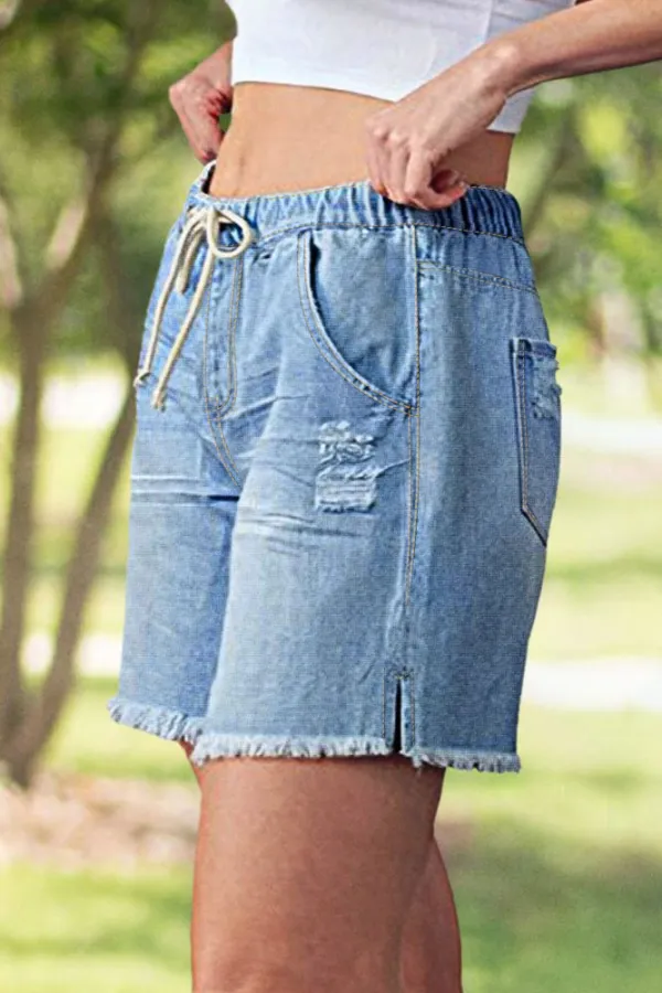 Raw Hem Ripped Split Detail Drawstring Mid Waist Denim Mid Thigh Shorts