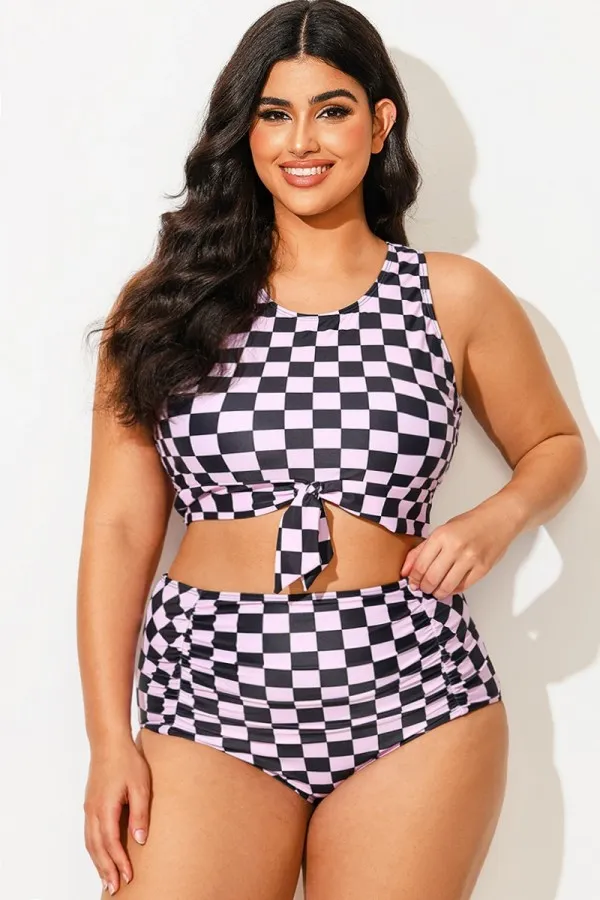 Black & Pink Check Knotted Crop Bikini Top