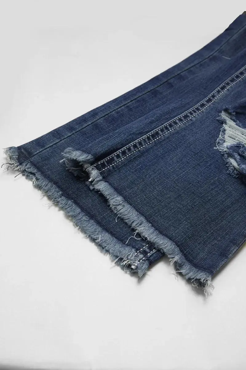 Ripped Raw Hem Wash High Stretch Low Waist Capri Jeans
