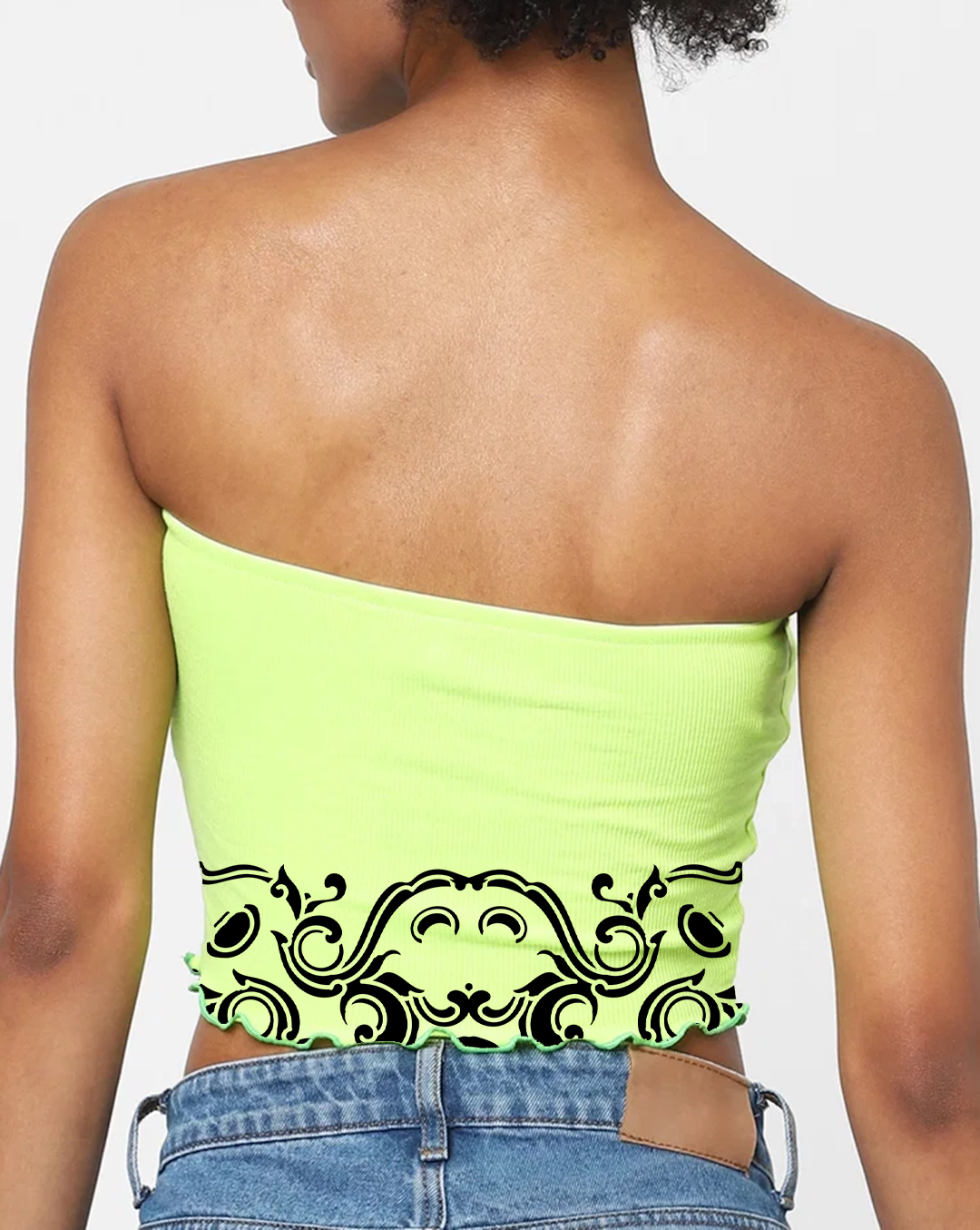 Neon Yellow Off Shoulder Scroll Print Crop Top