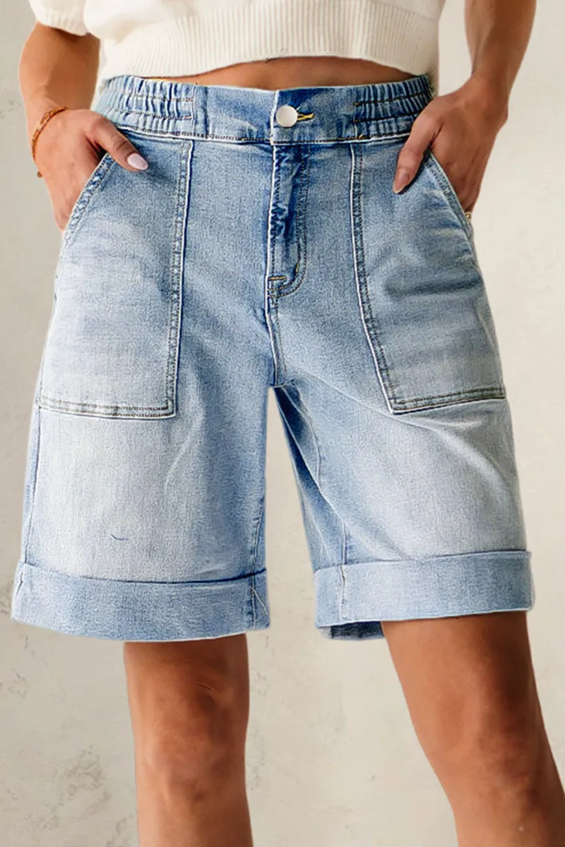 Roll Hem Patch Pocket Elastic Mid Rise Denim Bermuda Shorts