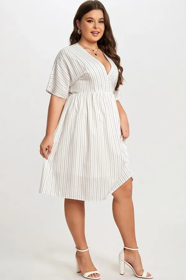Striped V-Neck Dolman-Sleeve Women Mini Dress