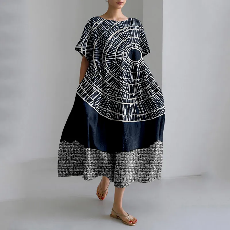 Vintage Abstract Art Pattern Linen Blend Maxi Dress
