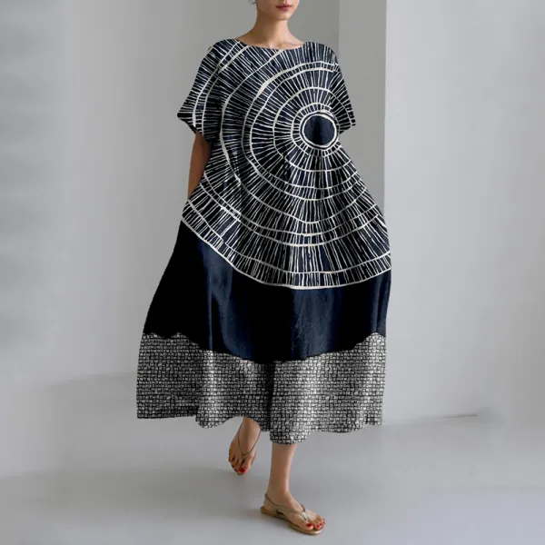 Vintage Abstract Art Pattern Linen Blend Maxi Dress
