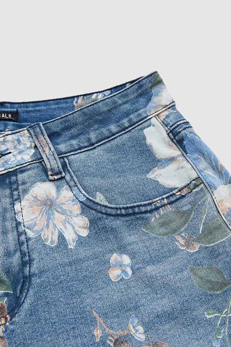 Floral Print High Rise Straight Leg Denim Bermuda Shorts