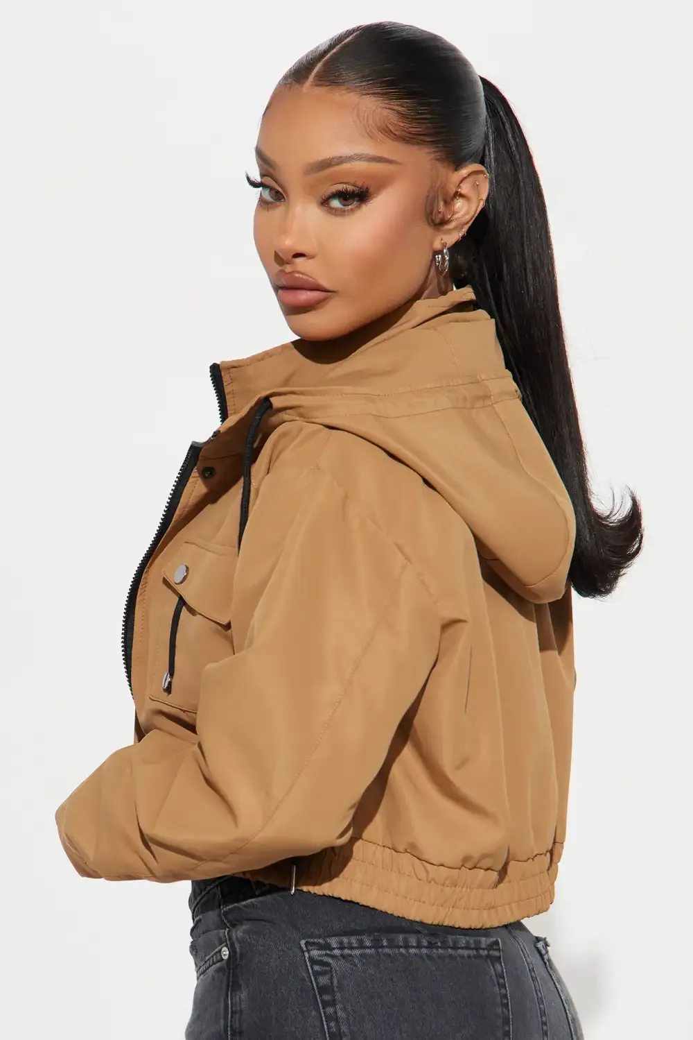 Kelsie Hooded Cropped Jacket - Khaki