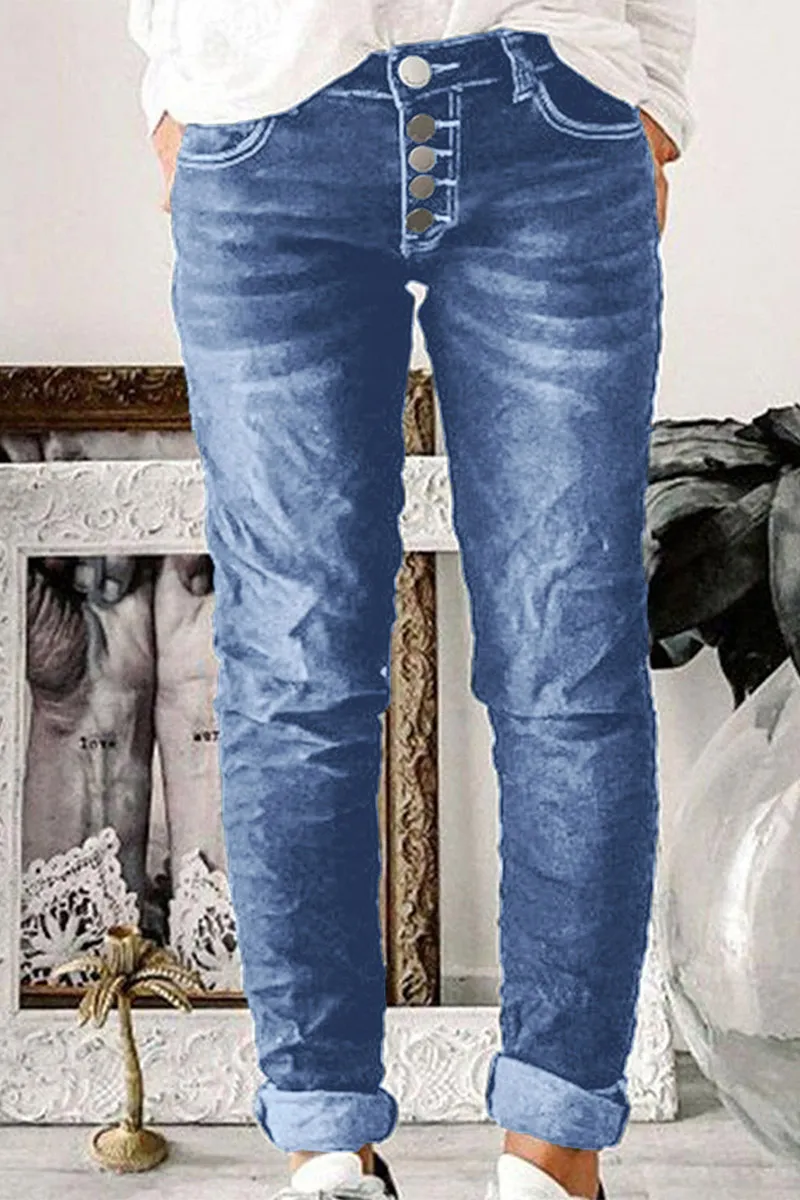 Button Up Roll Hem Low Waist Straight Leg Jeans