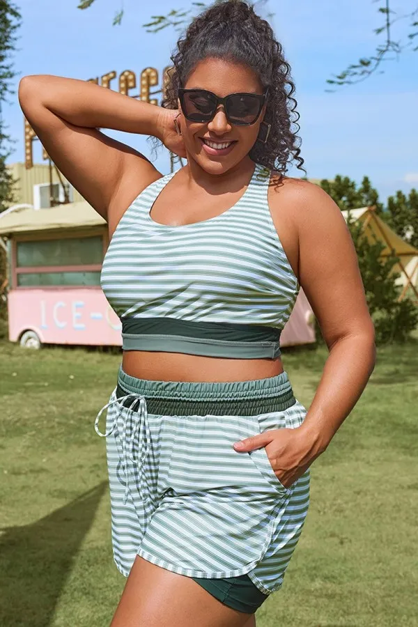 Plus Size Round Neck Black Patchwork Bikini Top