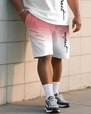 Big & Tall Men's Gradient Contrast Handwritten Respect Slogan Printed T-Shirt and Shorts Suit