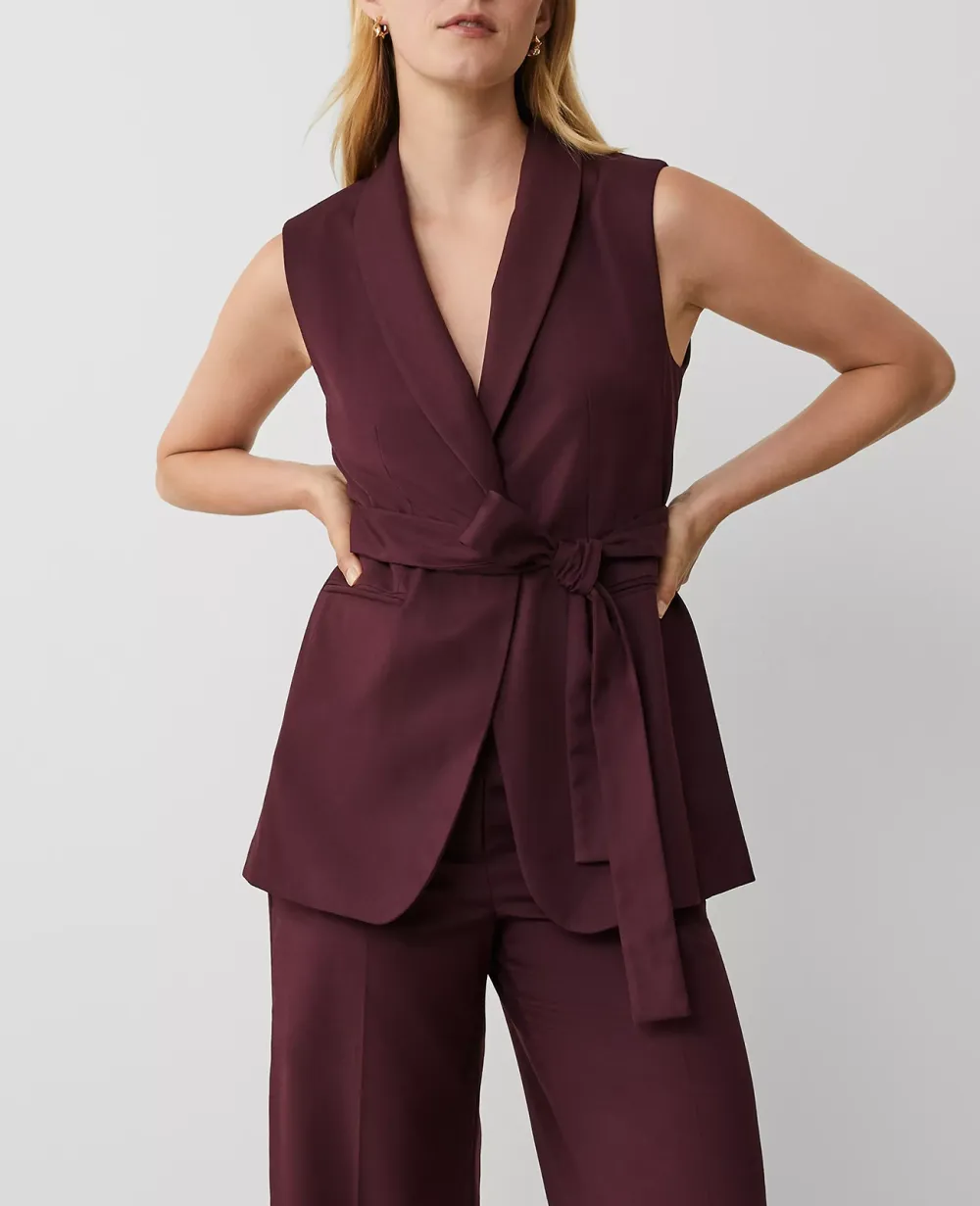Shawl Collar Belted Vest In Wool Blend Stretch