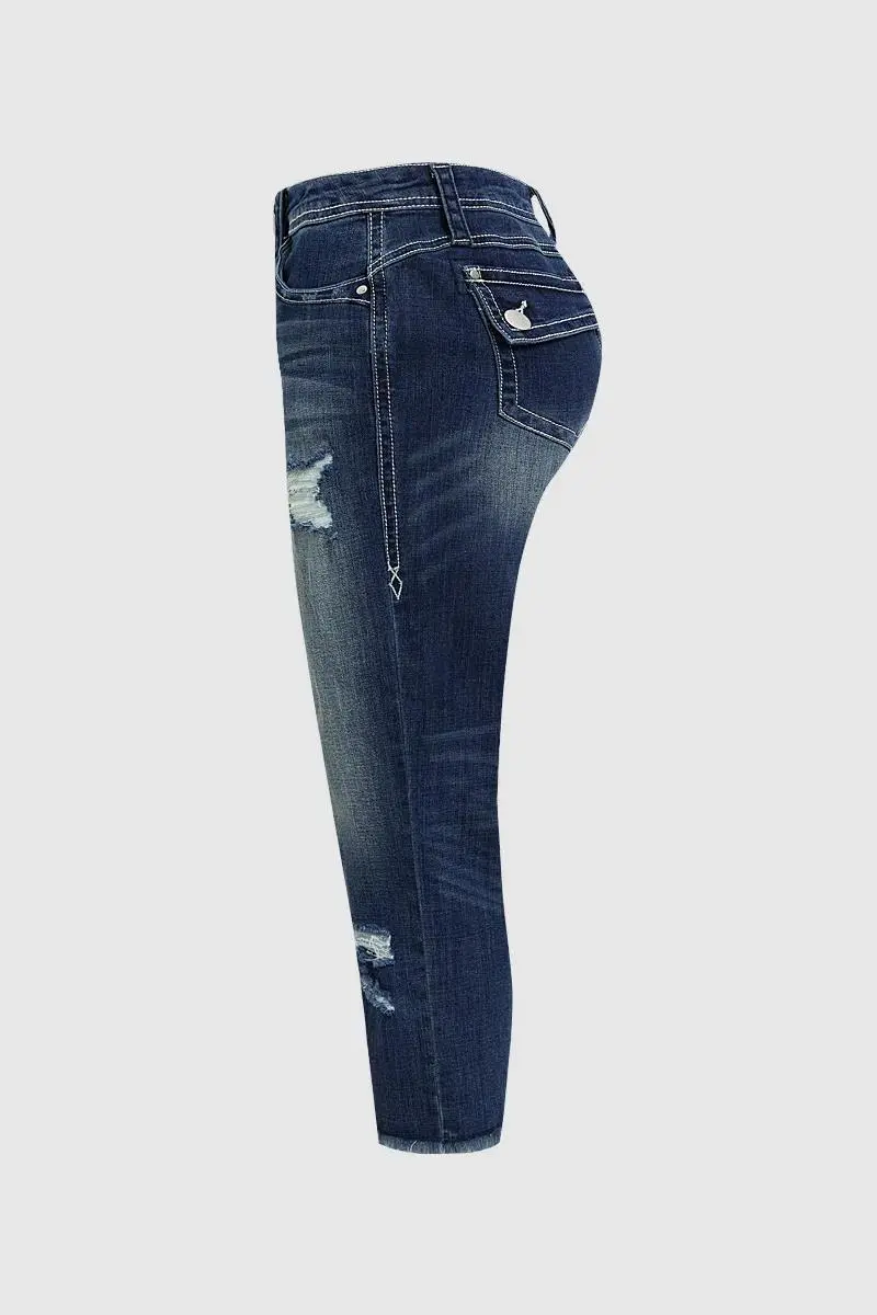Ripped Raw Hem Wash High Stretch Low Waist Capri Jeans