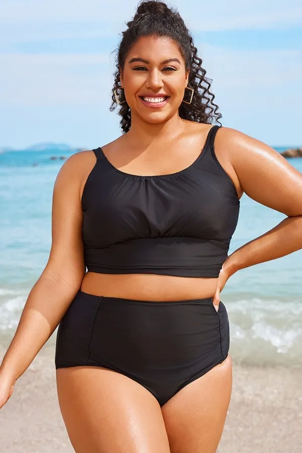 Plus Size Solid Black Crop Bikini Top