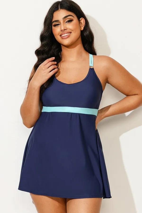 Plus Size Blue Colorblock Crossback Swimdress