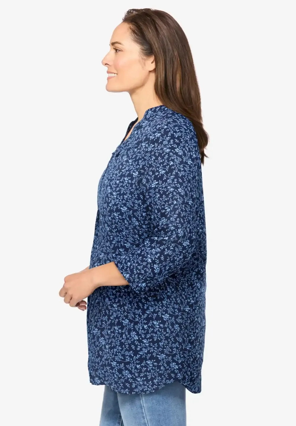 Rayon 7-Day Three-Quarter Sleeve Tab-Front Tunic
