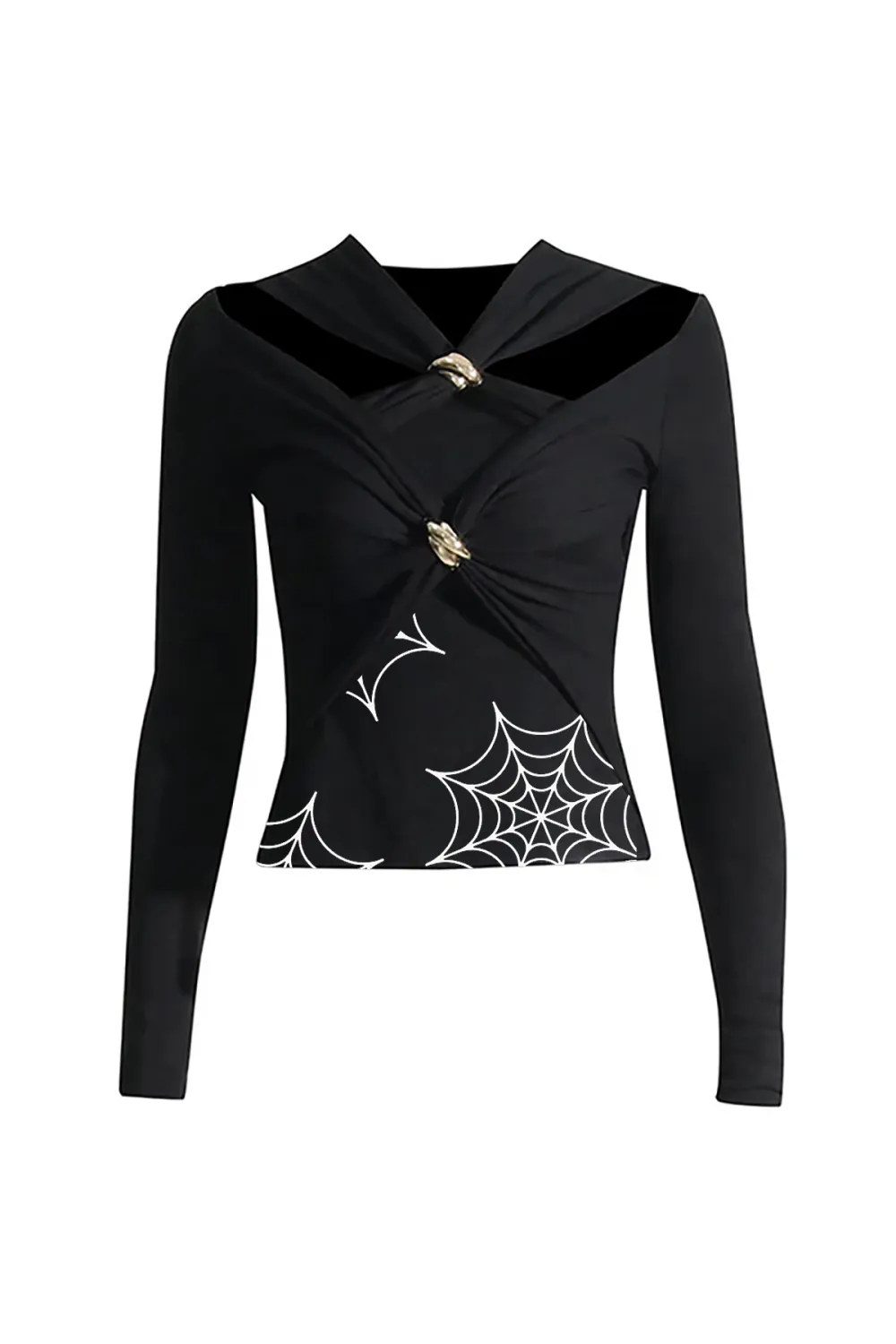 Classy Metallic Trim Twist Cutout Long Sleeve Ruched Crop Jersey T Shirt