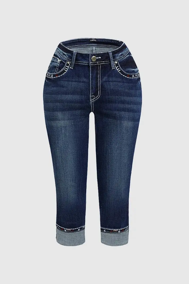 Cross Embroidered Wash High Stretch Mid Rise Capri Jeans