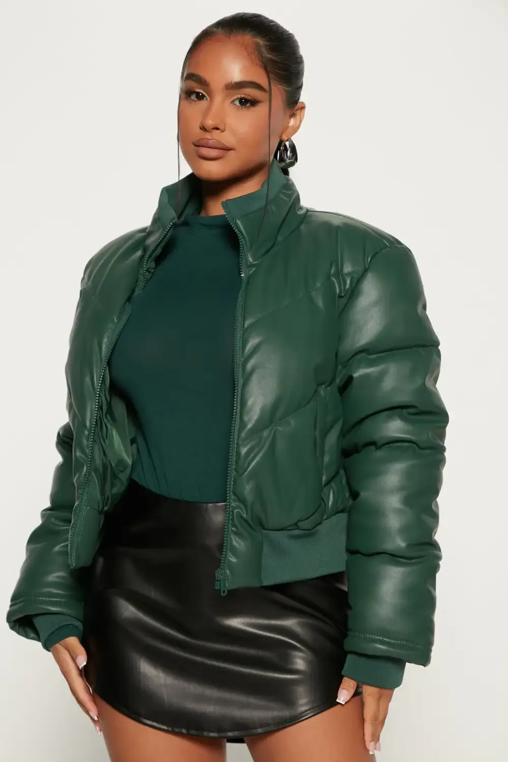 No Excuses Faux Leather Puffer Jacket - Hunter
