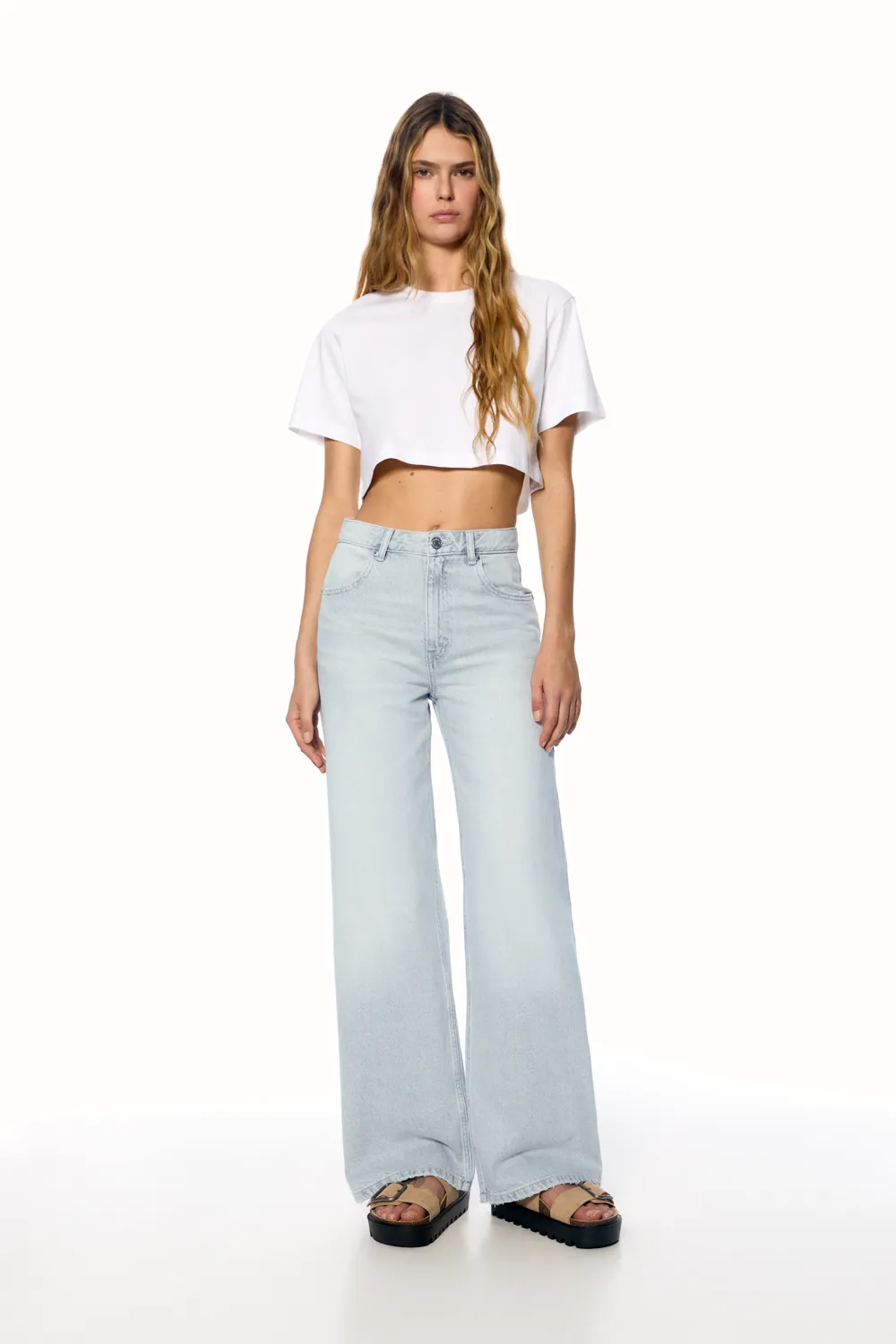Jeans wide leg tiro alto