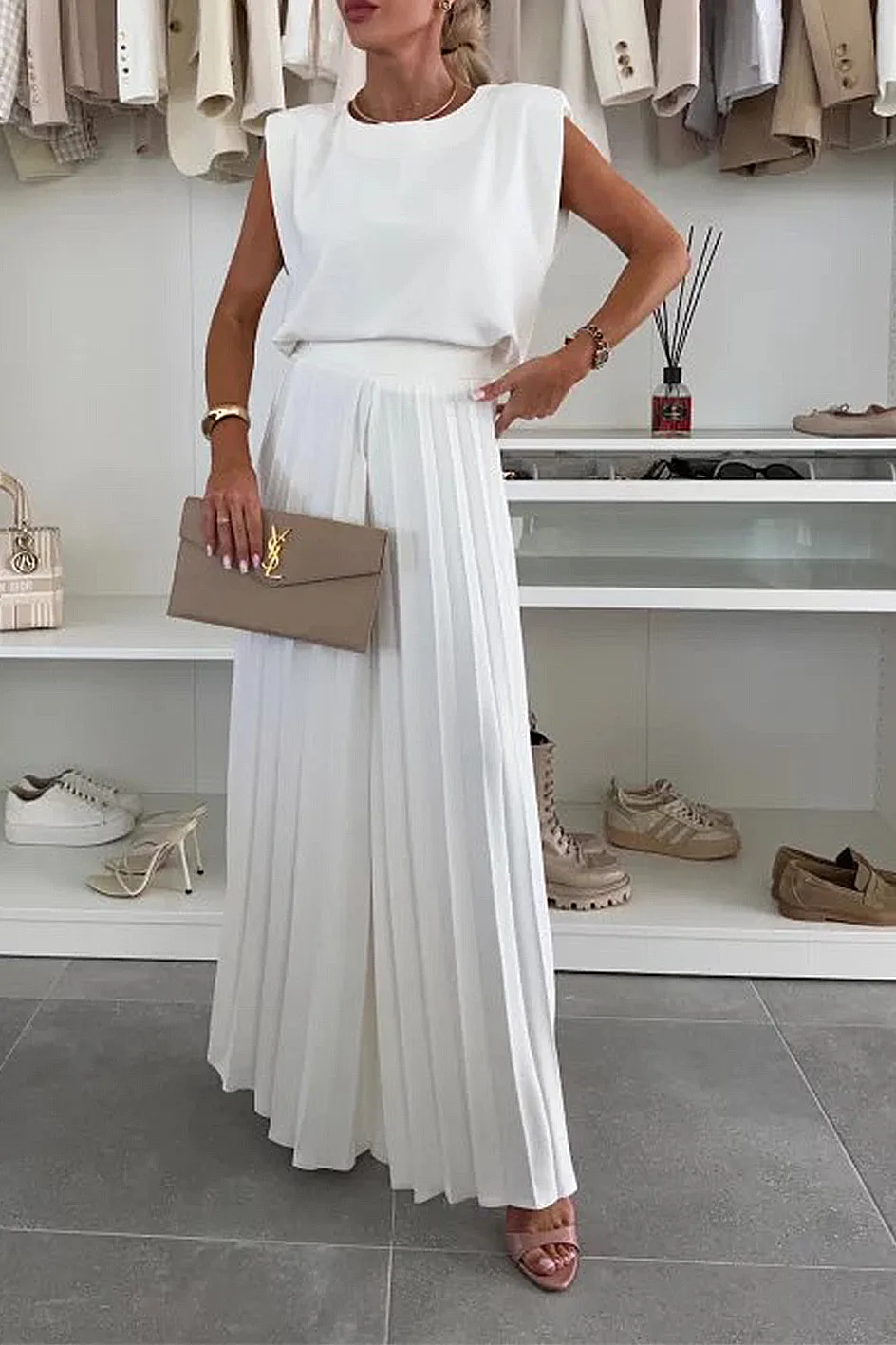 Women'S Stylish Casual Comfortable Top And Pleated Wide Pants Two-Piece Set