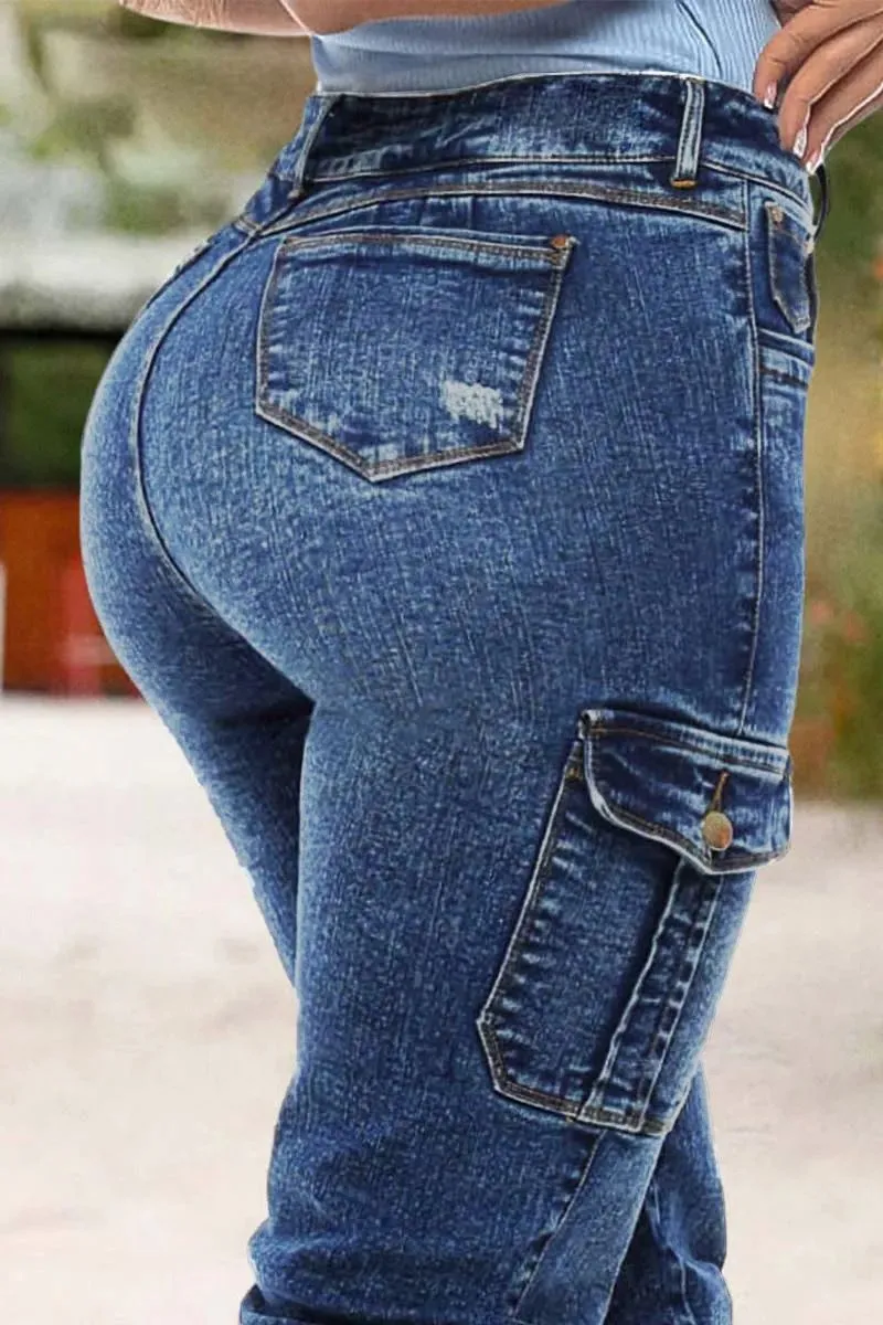 Wash Ripped Flap Pocket High Rise Cargo Jeans