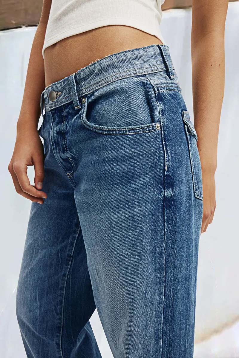 Wash Flap Pocket Back Low Waist Straight Leg Jeans