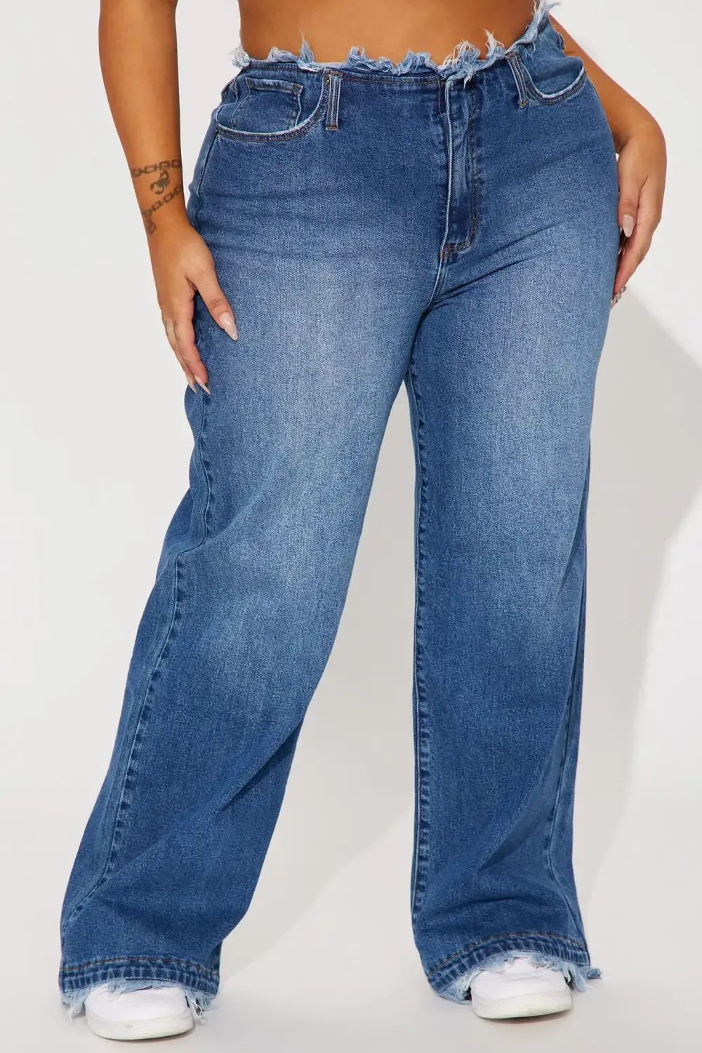 Come And Get It Cut Off Waistband Wide Leg Jean - Medium Wash