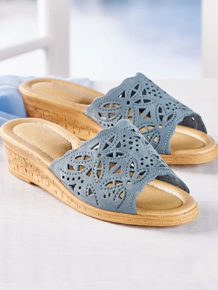 Women's Leather Cutwork Wedge Slide Sandals