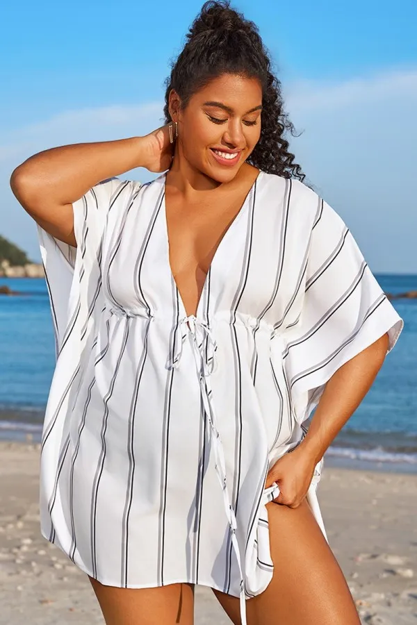 V-Neck Loose Retro Striped Drawstring Cover Up