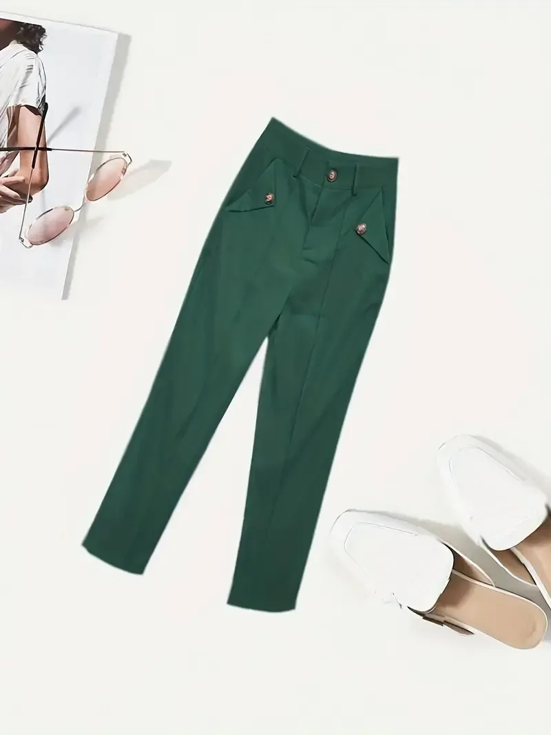 Skinny Leggings Pants - Solid Belted, Slant Pocket Button, Casual Every Day - Women's Clothing