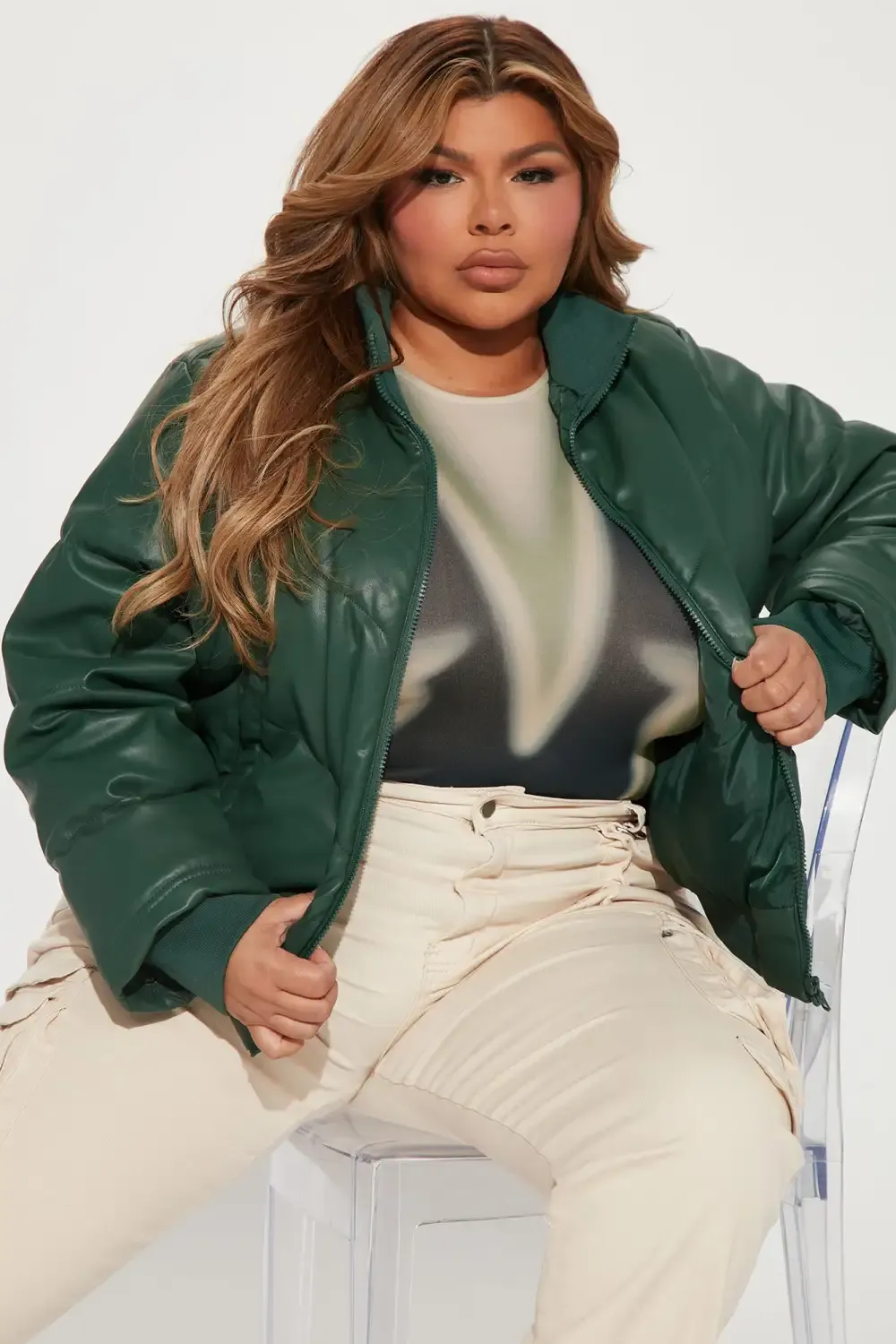 No Excuses Faux Leather Puffer Jacket - Hunter