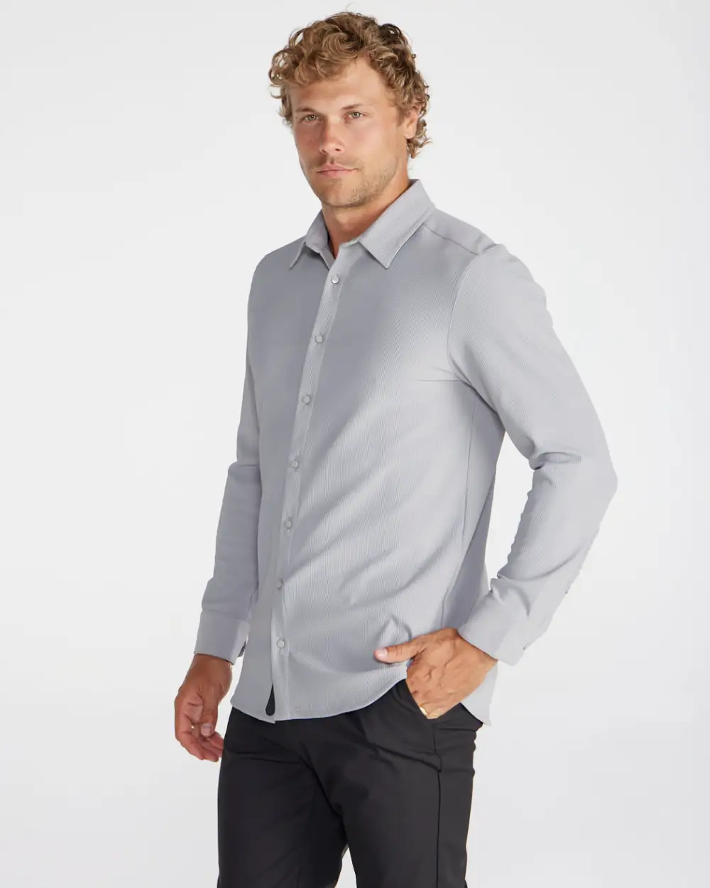 Ribbed+ Long Sleeve Button Down