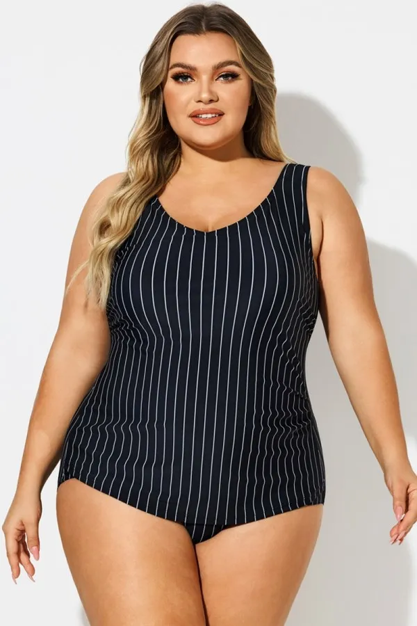 V-Neck Striped Sarong Front One Piece Swimsuit