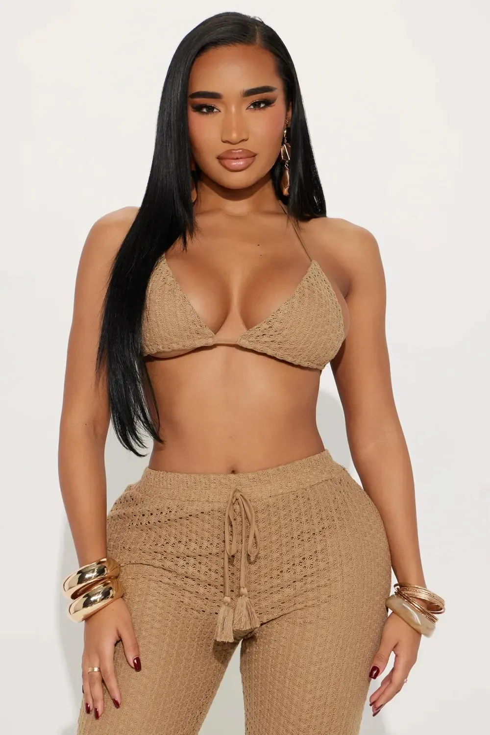 Tropical Oasis Crochet Pant Set - Brown