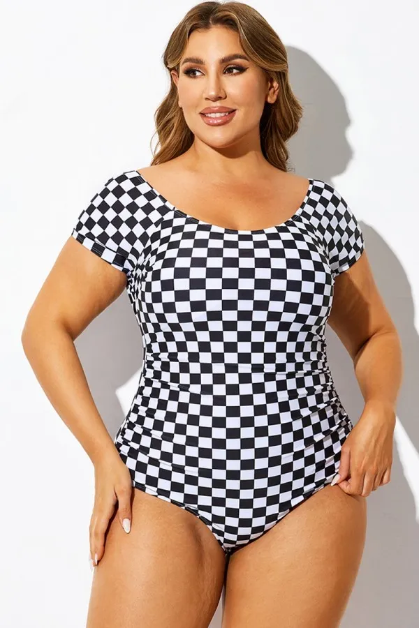 Black & White Check Modest Elastic One Piece Swimsuit