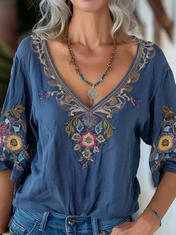Vintage Holiday Bohemian Style Linen V Neck Long Sleeve Shirt