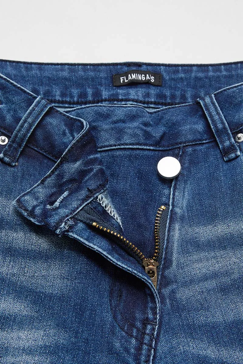 Wash Raw Roll Hem Wrap Mid Waist Straight Leg Jeans