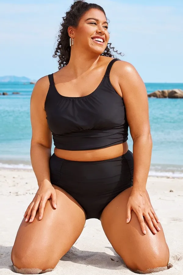Plus Size Solid Black Crop Bikini Top