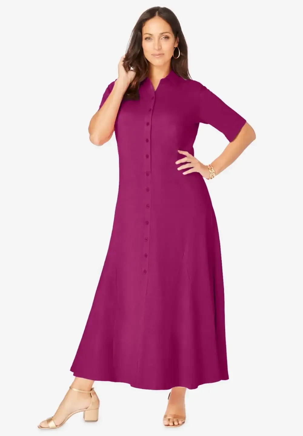 Stretch Cotton Button Front Maxi Dress