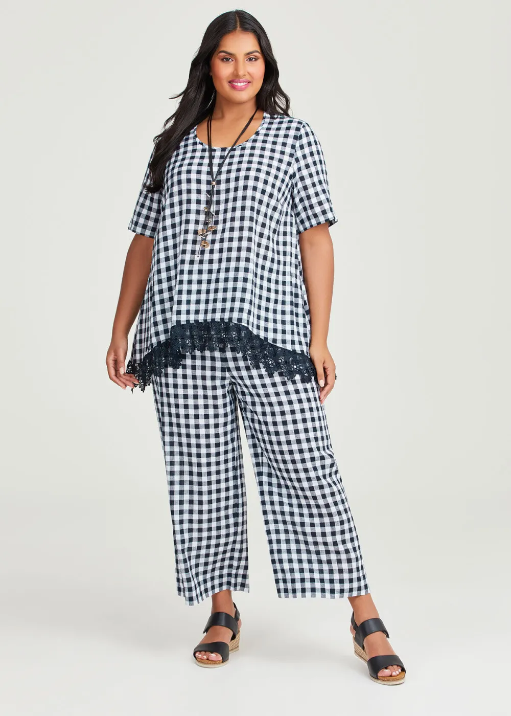 Linen Blend Check Crop Pant