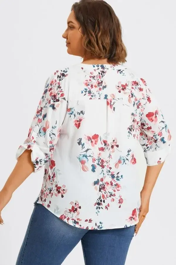V-Neck Floral Print Pullover 3/4 Sleeve Blouse