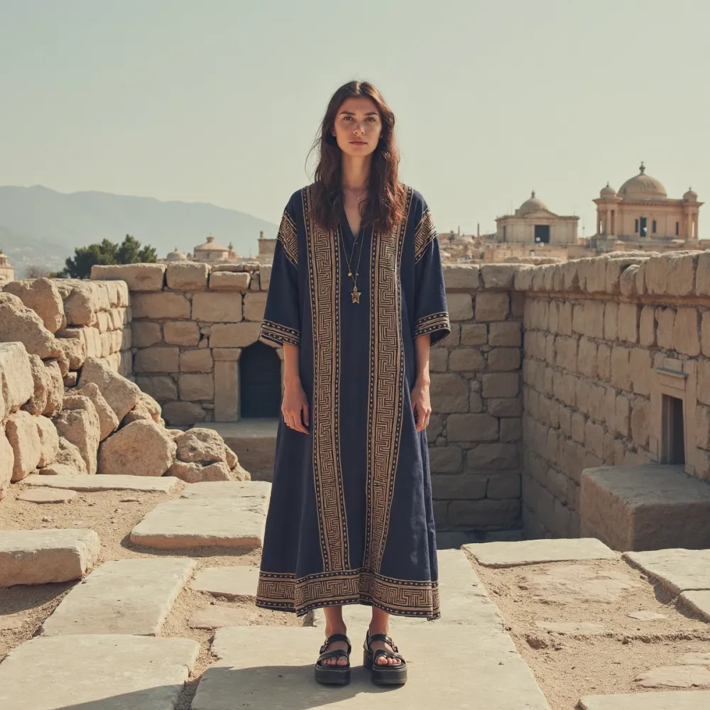 Retro Greek Key Graphics V Neck Linen Blend Maxi Dress