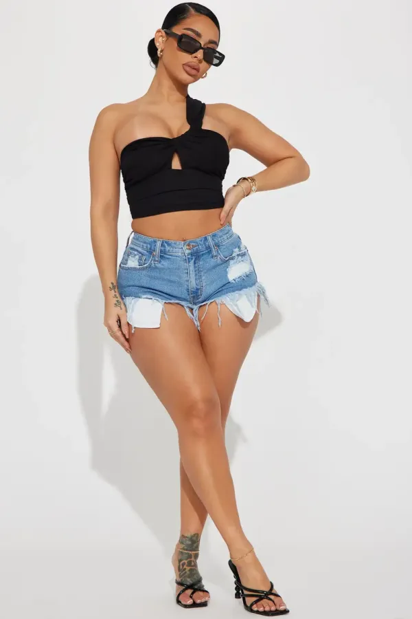 Wound Up Low Stretch Cut Off Denim Shorts - Medium Blue Wash