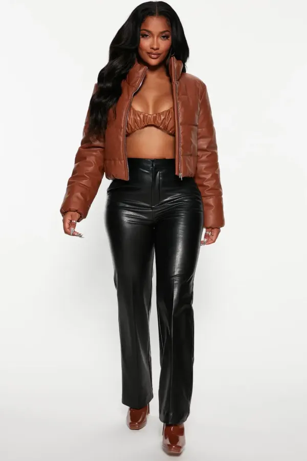 Vixen Faux Leather Puffer Jacket - Cognac