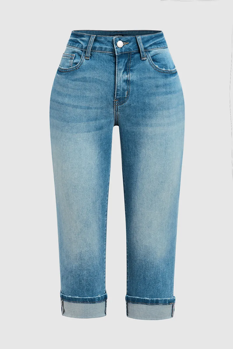 Wash Stretchy Roll Hem Mid Waist Capri Jeans