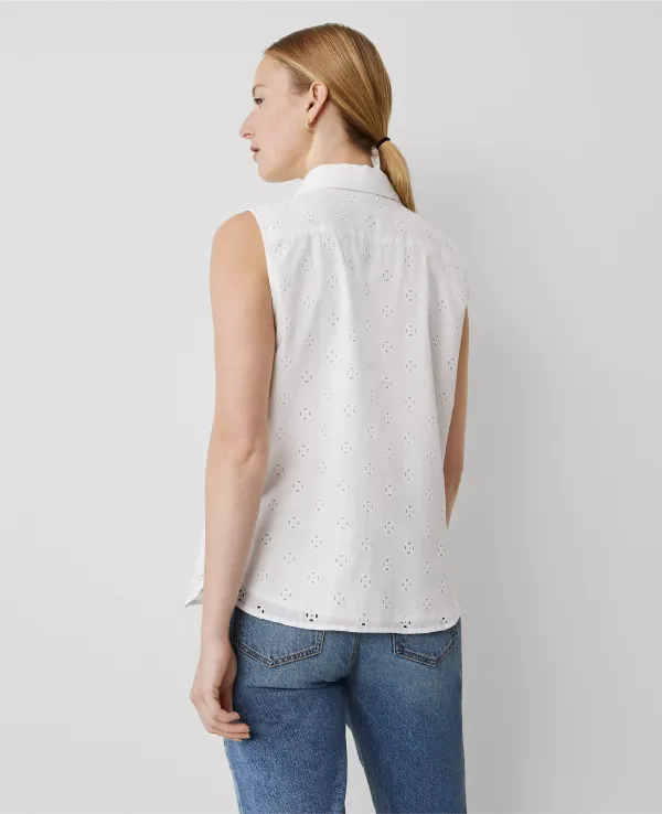 Eyelet Shirred Sleeveless Shirt