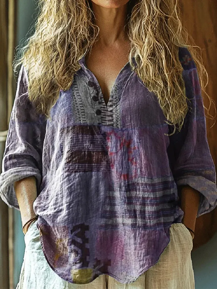 Vintage Floral Patchwork Art Linen V Neck Long Sleeve Shirt