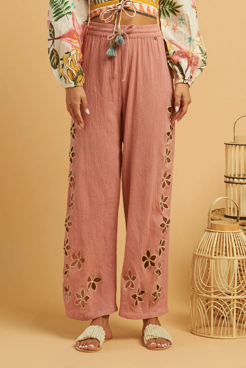 Pink Embroidered Wide Leg Pants