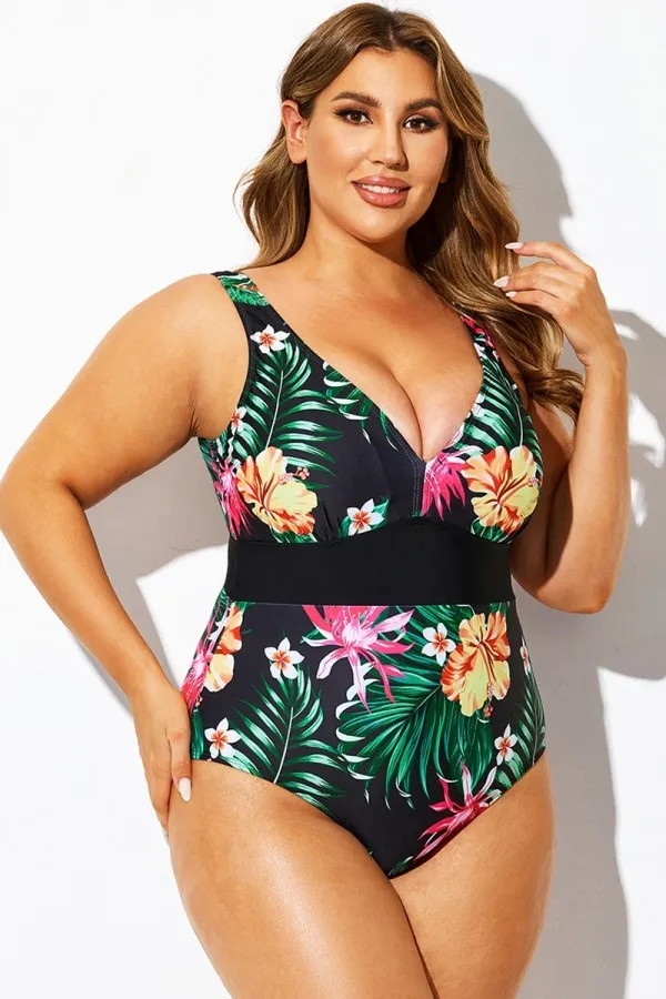 Floral Print V-Neck One Piece Swimsuit