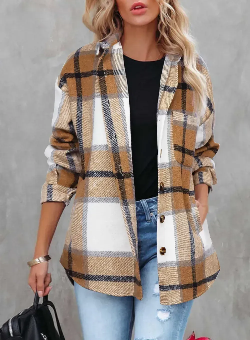 Womens Casual Plaid Shackets Brushed Flannel Button Down Shirt Jacket Coats with Side Pockets