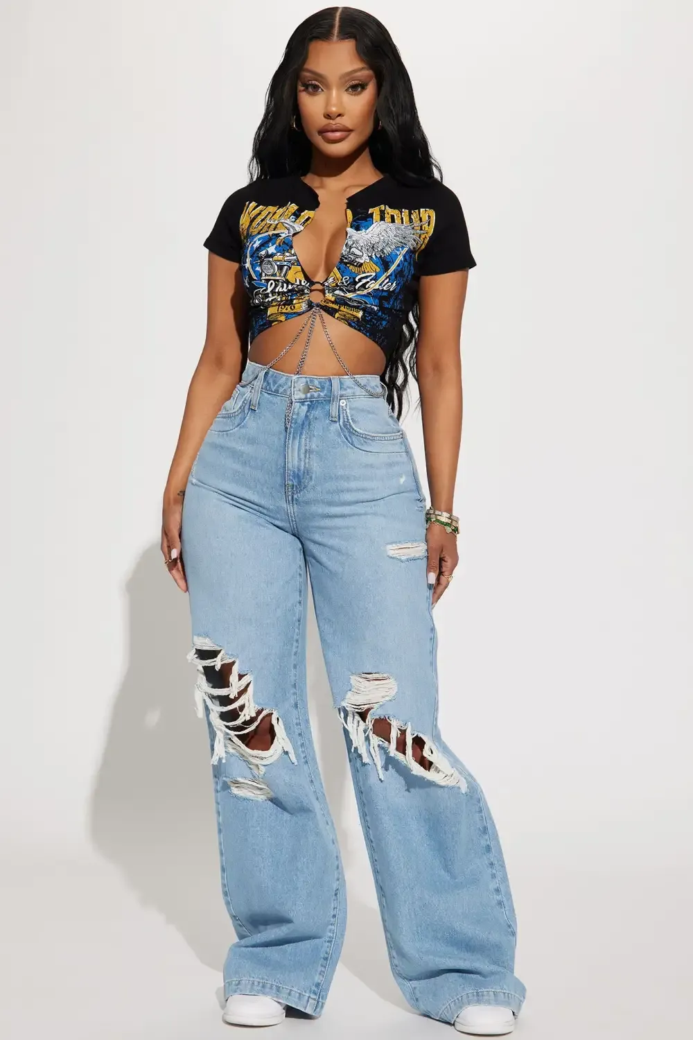 Not A Chance Ripped Non Stretch Wide Leg Jeans - Light Wash
